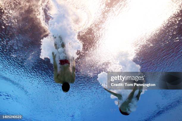 Diego Garcia de la Fuente and Yolotl Otniel Martinez Cabral of Team Mexico competes in the Men's 3m Synchro Springboard Final on day one of the...