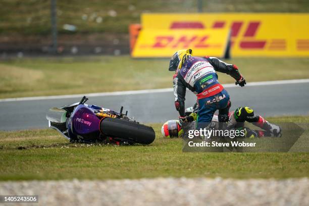 MotoE crash between Pons and Alcoba during the race of the MotoGP Motul TT Assen at TT Circuit Assen on June 26, 2022 in Assen, Netherlands.