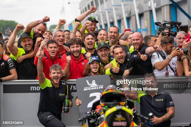 Marco Bezzecchi of Italy and Mooney VR46 Racing Team celebrates his first MotoGP podium during the race of the MotoGP Motul TT Assen at TT Circuit...