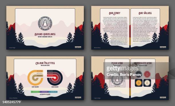 nature camping or hiking summer camp brand guidelines template for business strategy or direction presentation deck with outdoor forest and mountain style - brandloch stock illustrations