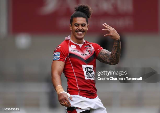 Tim Lafai of Salford Red Devils reacts during the Betfred Super League between Salford Red Devils and Wakefield Trinity at AJ Bell Stadium on June...