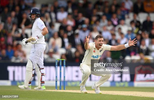 Tim Southee of New Zealand appeals unsuccessfully for the wicket of Joe Root of England during Day Four of the Third LV= Insurance Test Match at...