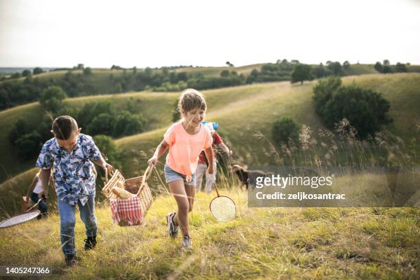 picture of family going for a picnic climbing a hill - kids picnic stock pictures, royalty-free photos & images