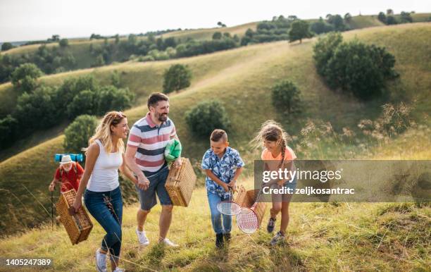 bild der familie, die ein picknick auf einem hügel macht - fun sommer berge stock-fotos und bilder