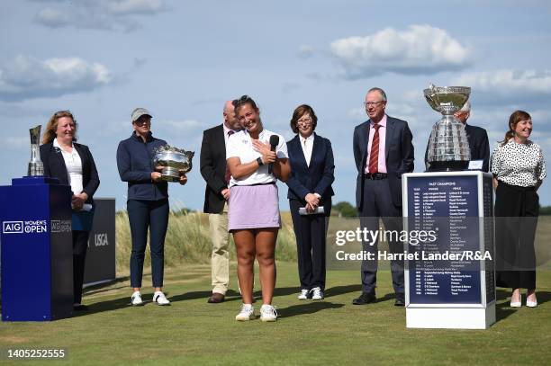 Jessica Baker of Gosforth Park Ladies gives a winners' speech following her victory in the final between Louise Rydqvist of Sweden and Jessica Baker...