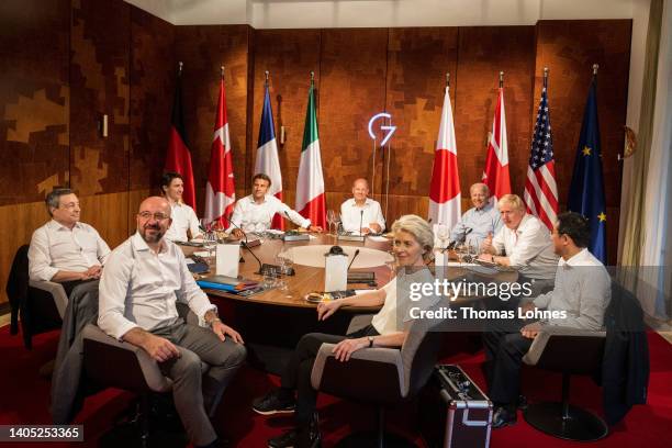 European Council President Charles Michel, Italian Prime Minister Mario Draghi, Canadian Prime Minister Justin Trudeau, French President Emmanuel...