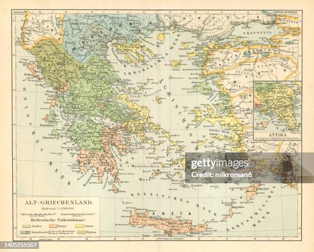 old chromolithograph map of old greece - ottoman empire map stock pictures, royalty-free photos & images