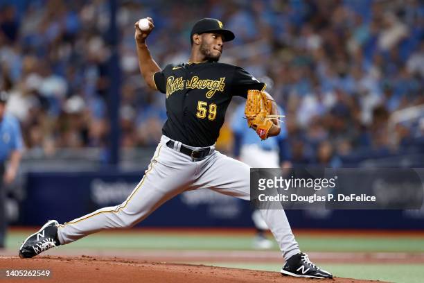 Roansy Contreras of the Pittsburgh Pirates throws a pitch during the first inning against the Tampa Bay Rays at Tropicana Field on June 26, 2022 in...