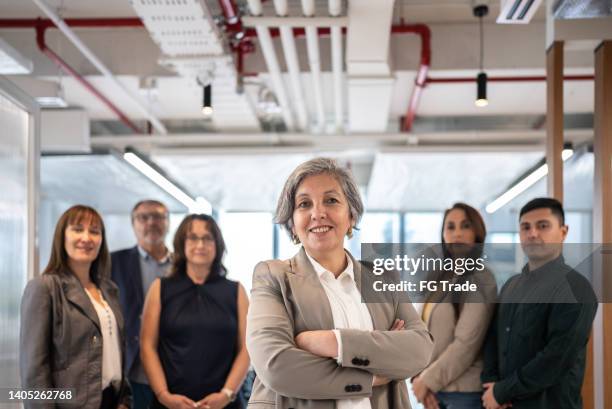 retrato de empresaria y equipo en la oficina - director financiero fotografías e imágenes de stock
