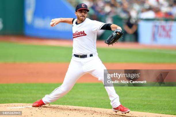 Starting pitcher Aaron Civale of the Cleveland Guardians pitches during the first inning against the Boston Red Sox at Progressive Field on June 26,...