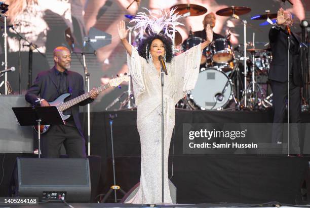 Diana Ross performs on the Pyramid Stage during day five of Glastonbury Festival at Worthy Farm, Pilton on June 26, 2022 in Glastonbury, England.