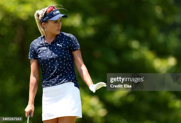 Lexi Thompson of the United States reacts on the eighth green during the final round of the KPMG Women's PGA Championship at Congressional Country...