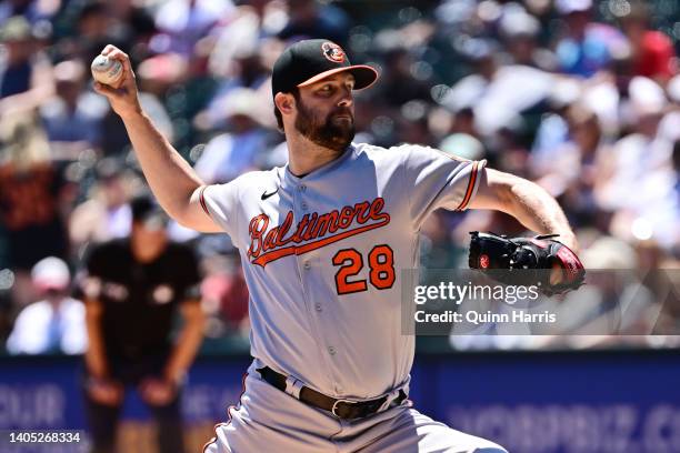 Starting pitcher Jordan Lyles of the Baltimore Orioles delivers the baseball in the first inning against the Chicago White Sox at Guaranteed Rate...