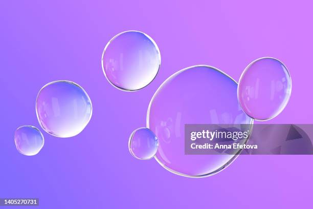 transparent clear drops of cosmetic lotion on purple background. concept of body and skin care. three dimensional illustration - enzymes cosmetics foto e immagini stock