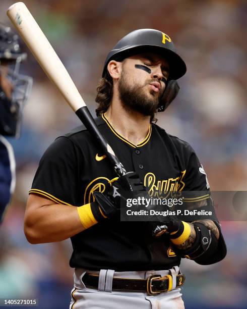 Michael Chavis of the Pittsburgh Pirates reacts during the third inning against the Tampa Bay Rays at Tropicana Field on June 26, 2022 in St...