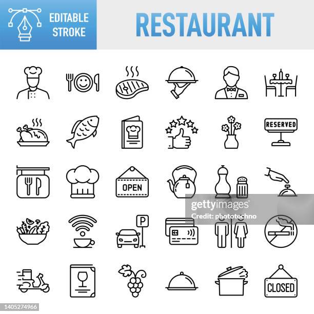 ilustraciones, imágenes clip art, dibujos animados e iconos de stock de restaurante - conjunto de iconos vectoriales de línea delgada. píxel perfecto. trazo editable. para móvil y web. el conjunto contiene iconos: comida, restaurante, comida y bebida, bebida, café - bebida, taza de café, desayuno, vino, botella de vino, c - mesa cafeteria perfil