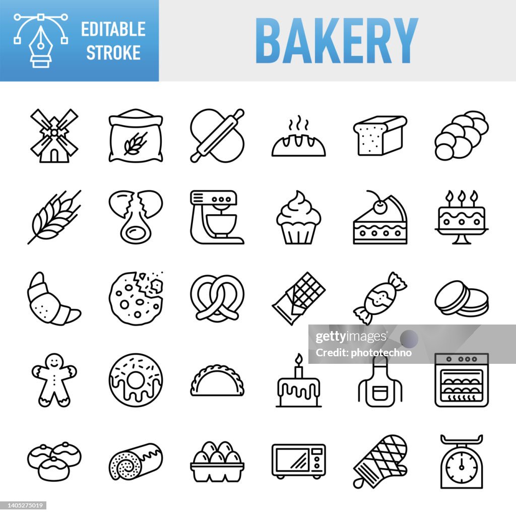 Panadería - Conjunto de iconos vectoriales de línea delgada. Píxel perfecto. Trazo editable. Para Móvil y Web. El conjunto contiene iconos: panadería, galleta, panadería, pan, pastel, comida, comida y bebida, cupcake, masa, dona, cocina, pastel horne