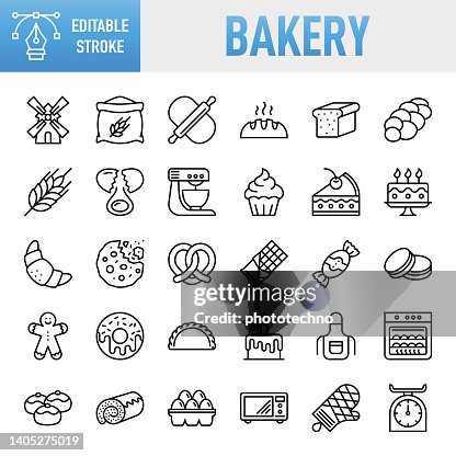 Bakery - Thin line vector icon set. Pixel perfect. Editable stroke. For Mobile and Web. The set contains icons: Bakery, Cookie, Baking, Bread, Cake, Food, Food and Drink, Cupcake, Dough, Doughnut, Cooking, Baked Pastry Item, Sweet Food, Sweet Pie, Breakfa Bakery - Thin line vector icon set. Pixel perfect. Editable stroke. For Mobile and Web. The set contains icons: Bakery, Cookie, Baking, Bread, Cake, Food, Food and Drink, Cupcake, Dough, Doughnut, Cooking, Baked Pastry Item, Sweet Food, Sweet Pie, Breakfa