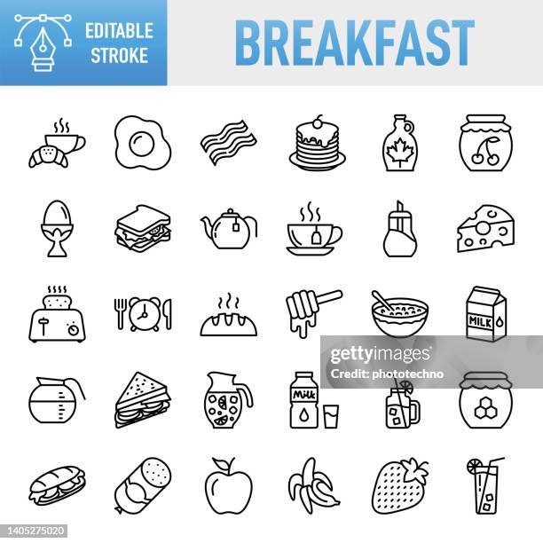 illustrations, cliparts, dessins animés et icônes de petit-déjeuner - jeu d’icônes vectorielles à ligne mince. pixel parfait. contour modifiable. pour mobile et web. l’ensemble contient des icônes: petit-déjeuner, bacon, œuf, oeuf au plat, oeuf à la coque, pain, café - boisson, tasse à café, ta - petit déjeuner
