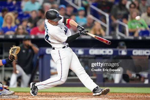 Nick Fortes of the Miami Marlins hits a walk-off home run in the bottom of the ninth against the New York Mets at loanDepot park on June 26, 2022 in...