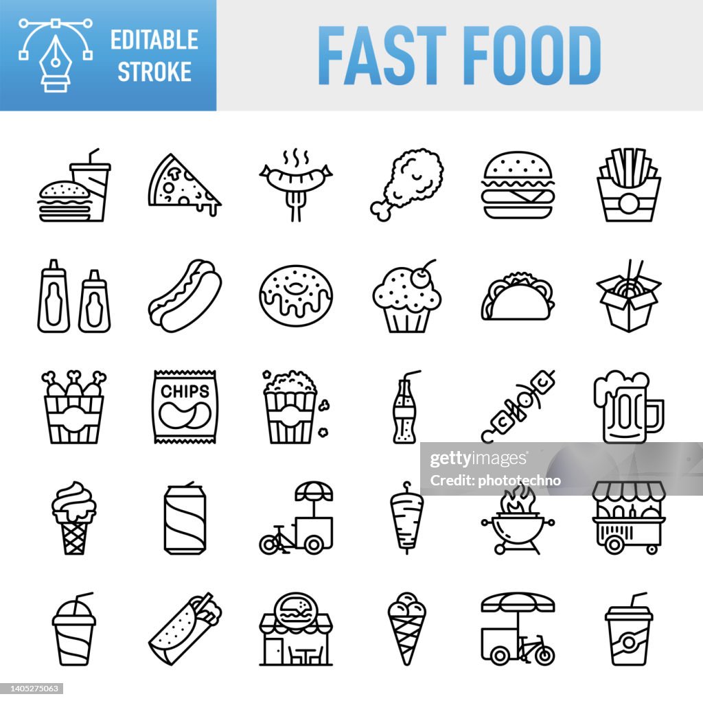 Fast Food - Conjunto de ícones vetoriais de linha fina. Pixel perfeito. Golpe editável. Para Mobile e Web. O conjunto contém ícones: Fast Food, Fast Food Restaurant, Pizza, Hamburger, Burger, Cheeseburger, Restaurante, Sanduíche, Batata Frita, Batata 