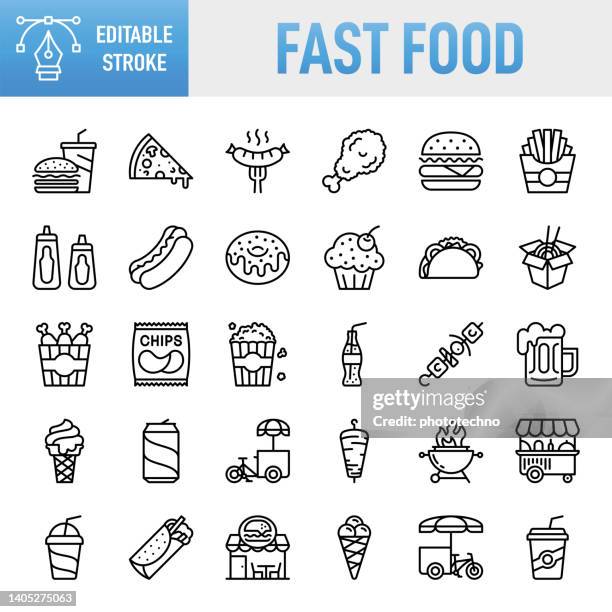 fast food - thin line vector icon set. pixel perfect. editable stroke. for mobile and web. the set contains icons: fast food, fast food restaurant, pizza, hamburger, burger, cheeseburger, restaurant, sandwich, potato chip, french fries, food, food and dri - food and drink 幅插畫檔、美工圖案、卡通及圖標