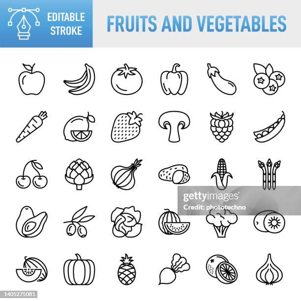 stockillustraties, clipart, cartoons en iconen met fruits and vegetables - thin line vector icon set. pixel perfect. editable stroke. for mobile and web. the set contains icons: fruit, vegetable, carrot, food, tomato, banana, apple - fruit, orange - fruit, watermelon, melon, onion, broccoli, raw potato, s - raapzaad