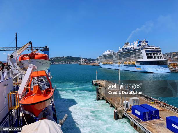 an interislander ferry in the cook strait transporting passengers from the north island to the south island new zealand - ferry terminal stock pictures, royalty-free photos & images