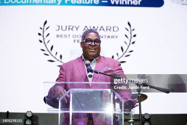 Tony Waller, VP of Constituent Relations & Racial Equity, speaks during the Bentonville Film Festival Awards Ceremony at the Bentonville Film...