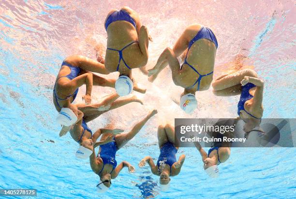 Team Israel train before competing in the Artistic Team Free Final on day eight of the Budapest 2022 FINA World Championships at Alfred Hajos...