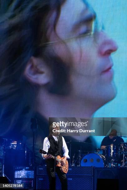 Paul McCartney performs on The Pyramid Stage during day four of Glastonbury Festival at Worthy Farm, Pilton on June 25, 2022 in Glastonbury, England.