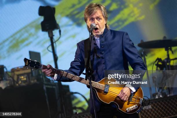 Paul McCartney performs on The Pyramid Stage during day four of Glastonbury Festival at Worthy Farm, Pilton on June 25, 2022 in Glastonbury, England.