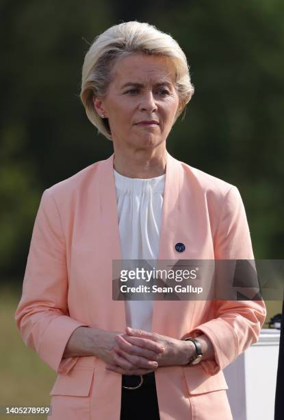 European Union Commission President Ursula von der Leyen listens to colleagues speaking at the „Global Infrastructure“ side event during the G7...