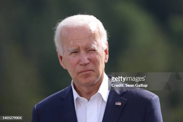 President Joe Biden listens to other G7 leaders speaking at the „Global Infrastructure“ side event during the G7 summit at Schloss Elmau on June 26,...