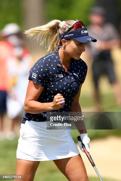 Lexi Thompson of the United States celebrates her putt for birdie on the 15th green during the final round of the KPMG Women's PGA Championship at...