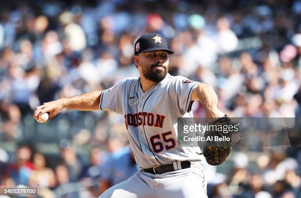 Jose Urquidy of the Houston Astros pitches against the New York Yankees during their game at Yankee Stadium on June 26, 2022 in New York City.