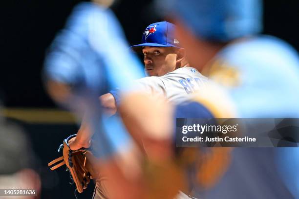 Jose Berrios of the Toronto Blue Jays throws a pitch during the second inning in the game against the Milwaukee Brewers at American Family Field on...