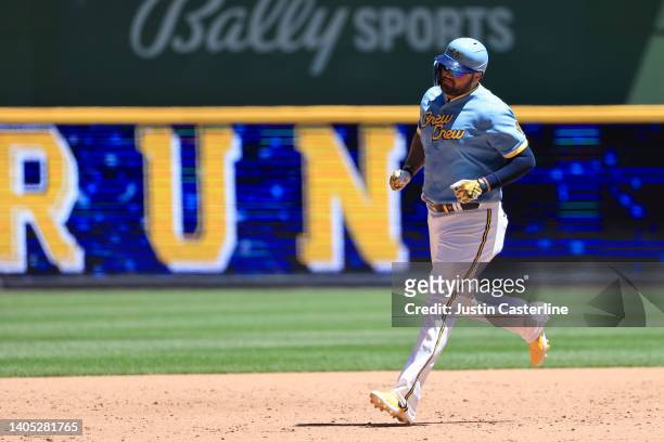Rowdy Tellez of the Milwaukee Brewers runs the bases after hitting a two run homerun during the second inning in the game against the Toronto Blue...