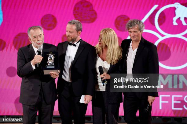 Irector Francis Ford Coppola, Federico Pontiggia, Alessandra De Luca and Francesco Alo are seen on stage during the Taormina Film Fest 2022 Opening...