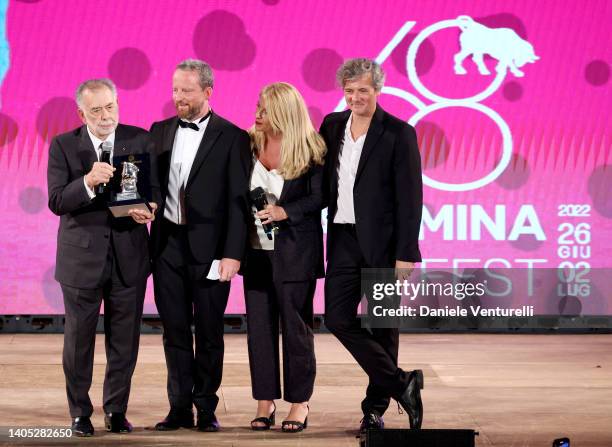 Irector Francis Ford Coppola, Federico Pontiggia, Alessandra De Luca and Francesco Alo are seen on stage during the Taormina Film Fest 2022 Opening...