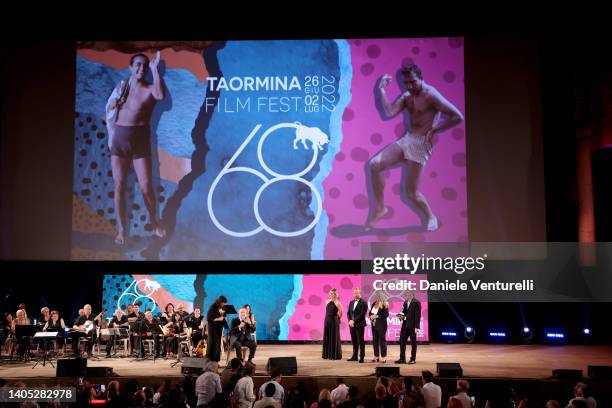 Director Francis Ford Coppola, Anna Ferzetti, Federico Pontiggia, Alessandra De Luca and Francesco Alo are seen on stage during the Taormina Film...