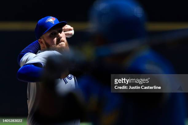 Matt Gage of the Toronto Blue Jays throws a pitch during the fourth inning in the game against the Milwaukee Brewers at American Family Field on June...
