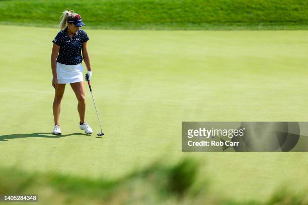 Lexi Thompson of the United States reacts to her missed putt on the 17th green during the final round of the KPMG Women's PGA Championship at...