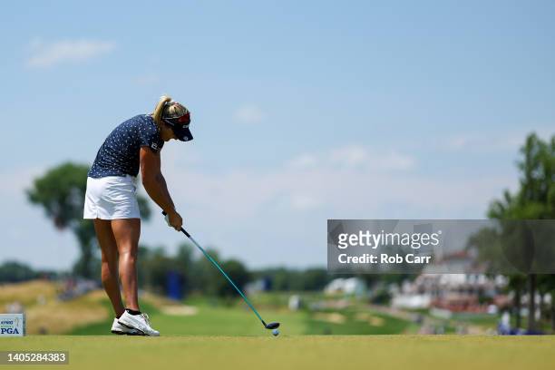 Lexi Thompson of the United States plays her shot from the 15th tee during the final round of the KPMG Women's PGA Championship at Congressional...