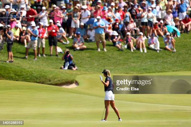 Lexi Thompson of the United States waves after putting on the 18th green during the final round of the KPMG Women's PGA Championship at Congressional...