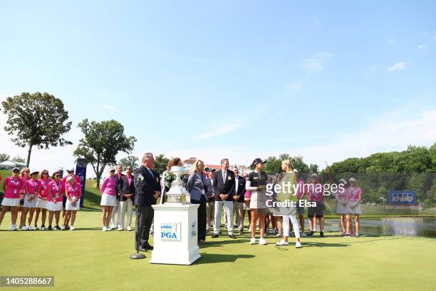 In Gee Chun of South Korea attends the trophy presentation ceremony after winning during the final round of the KPMG Women's PGA Championship at...