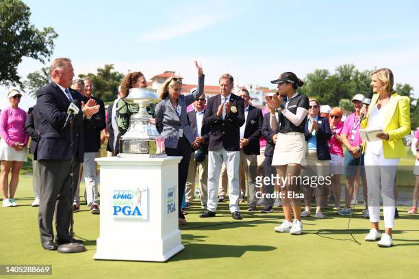In Gee Chun of South Korea attends the trophy presentation ceremony after winning during the final round of the KPMG Women's PGA Championship at...