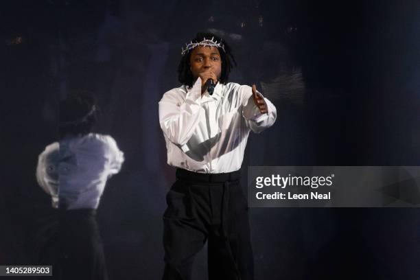 Rapper and musician Kendrick Lamar headlines on the Pyramid Stage during day five of Glastonbury Festival at Worthy Farm, Pilton on June 26, 2022 in...