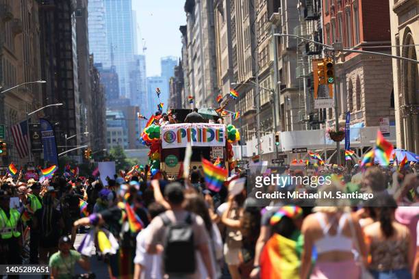 People participate in the New York City Pride Parade on Fifth Avenue on June 26, 2022 in New York City. The 53rd annual NYC Pride March is the...