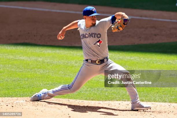Jose Berrios of the Toronto Blue Jays throws a pitch during the second inning in the game against the Milwaukee Brewers at American Family Field on...